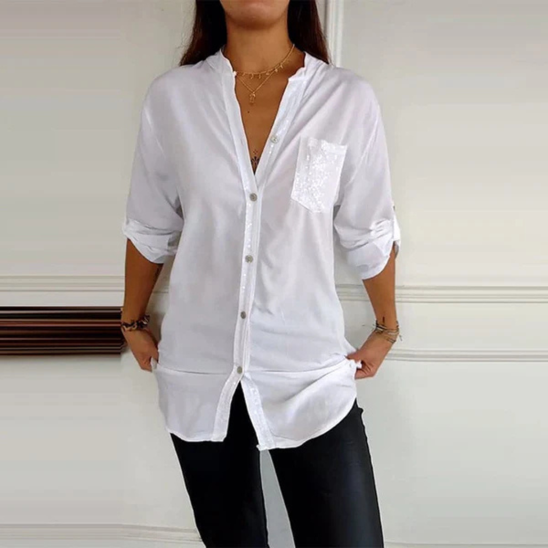 Camisa casual de manga comprida para mulher com bolso e pormenores de lantejoulas®