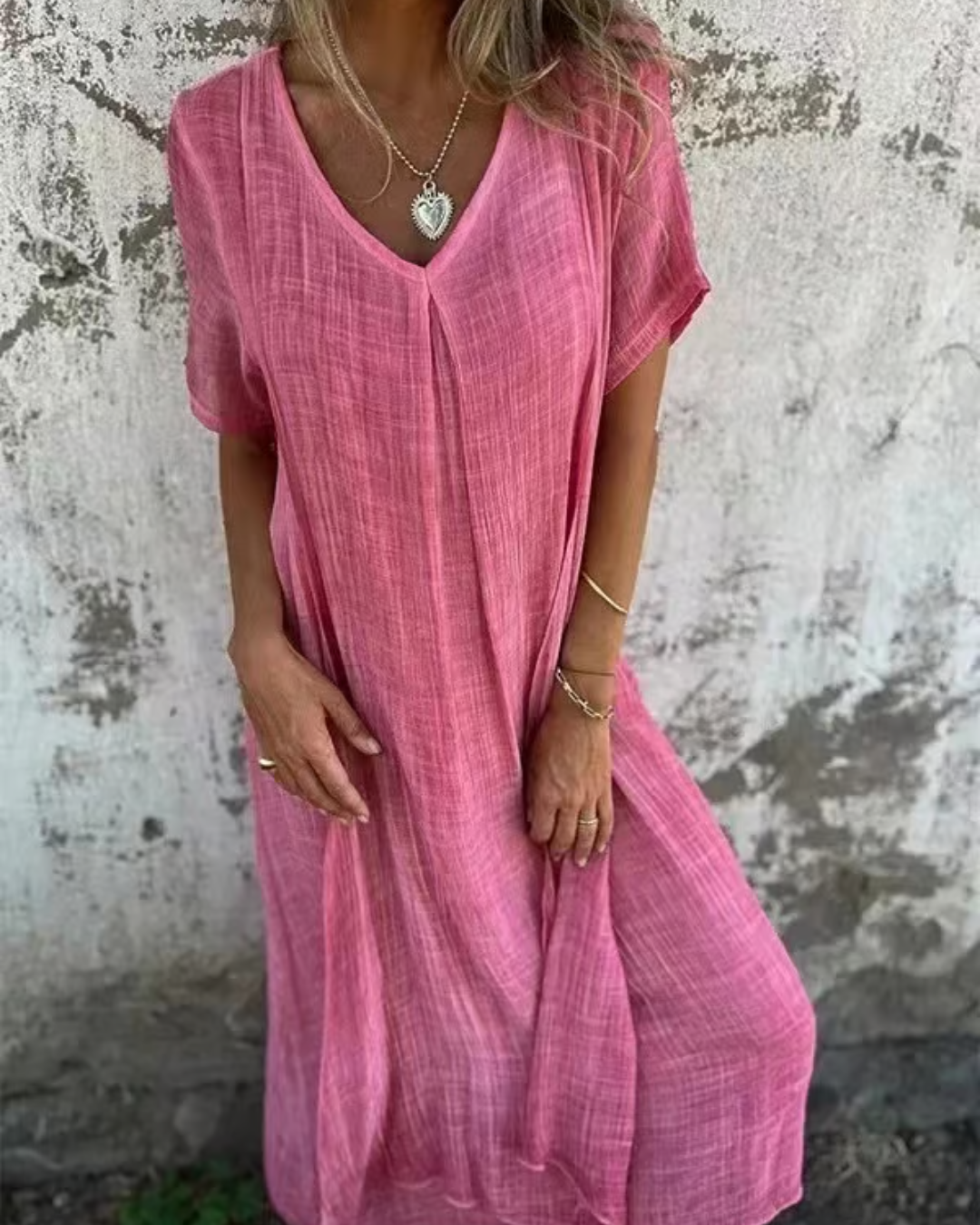 Vestido midi com decote em V em algodão e linho®