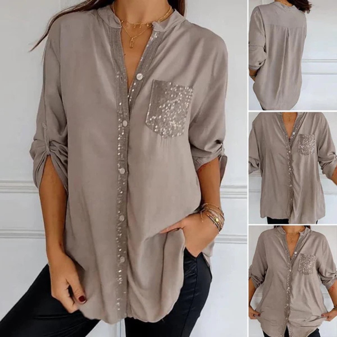 Camisa casual de manga comprida para mulher com bolso e pormenores de lantejoulas®