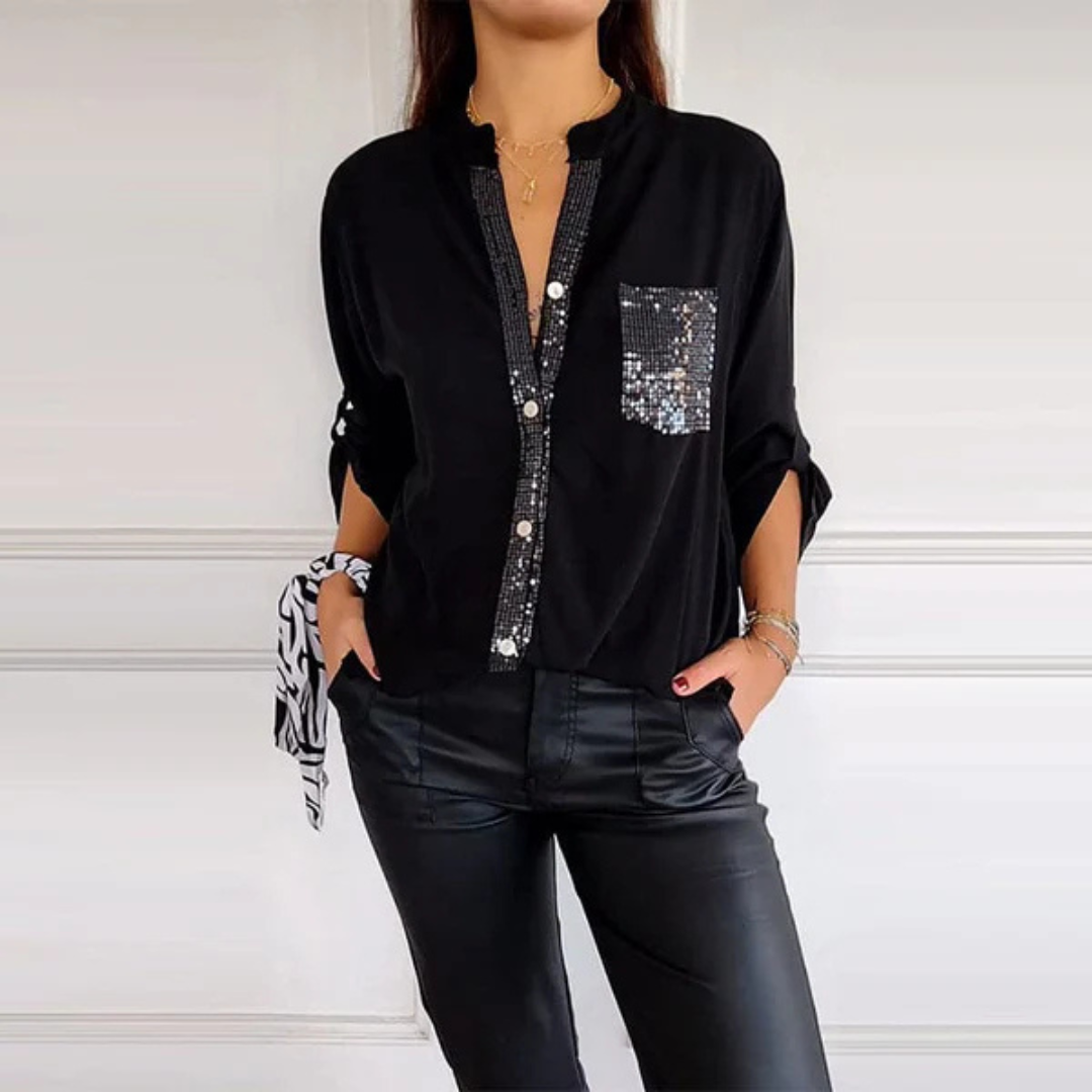 Camisa casual de manga comprida para mulher com bolso e pormenores de lantejoulas®