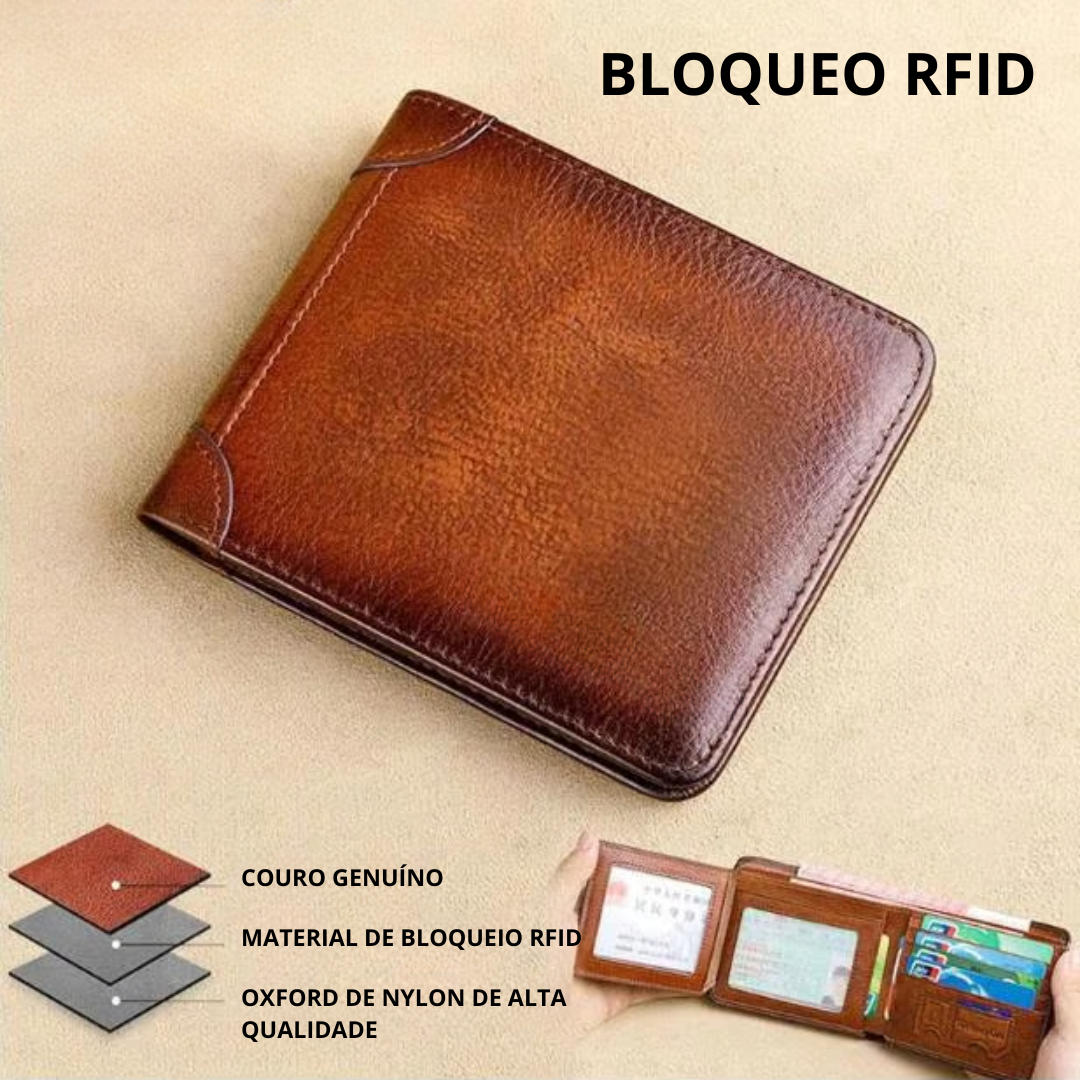 Carteira de Couro Genuíno Impermeável com Bloqueio RFID Multifuncional®