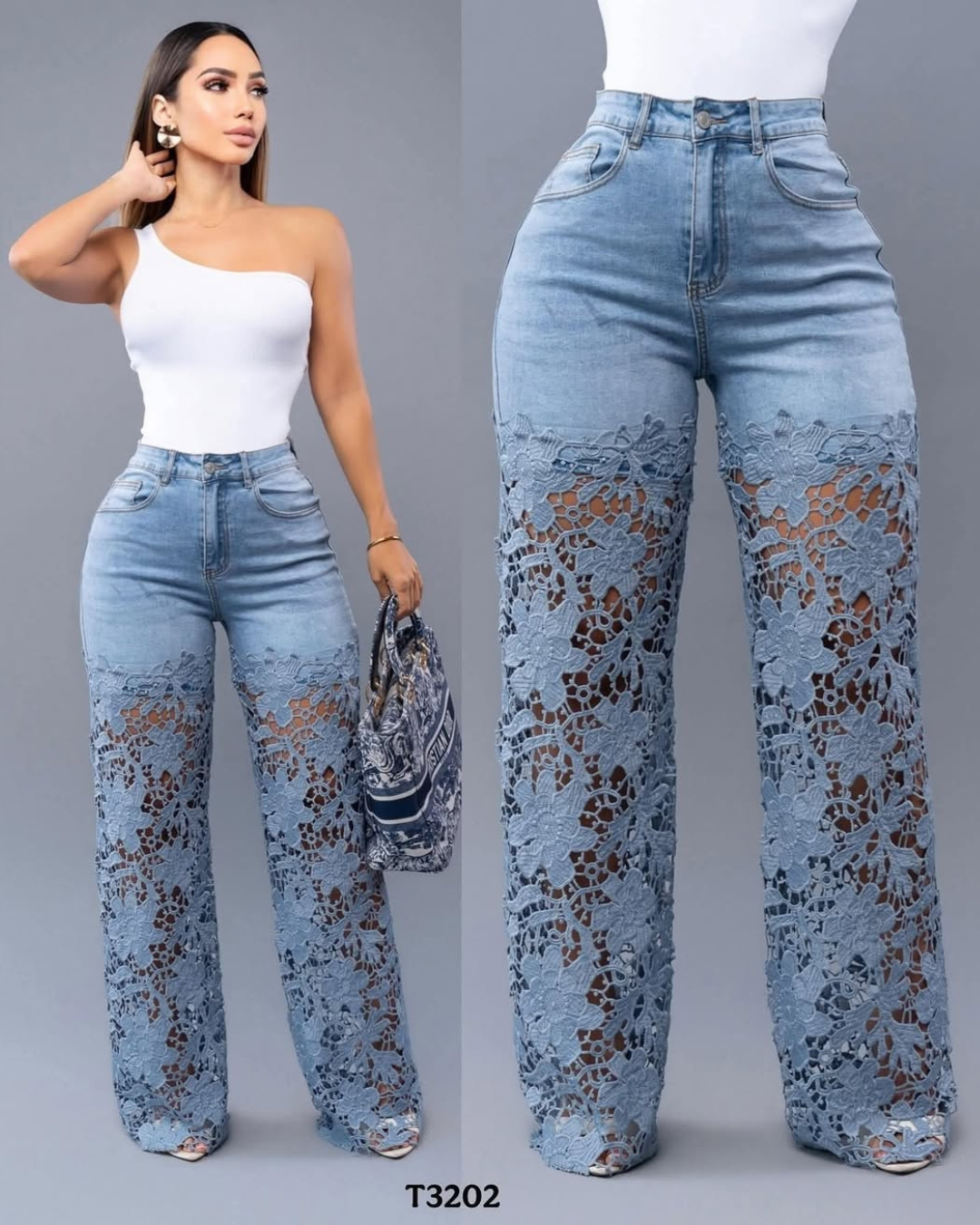 Calças de ganga para mulher com renda floral nas pernas®