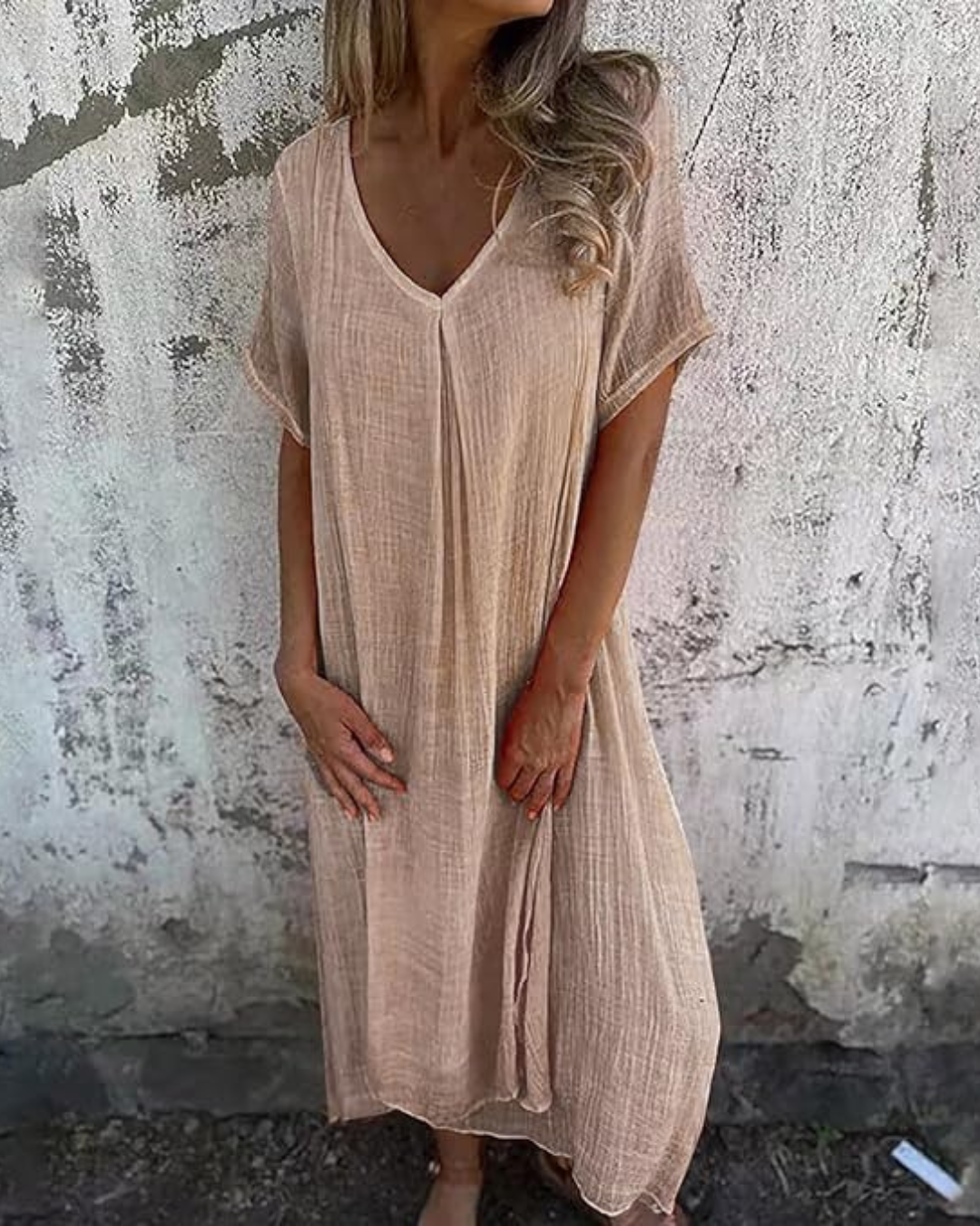 Vestido midi com decote em V em algodão e linho®