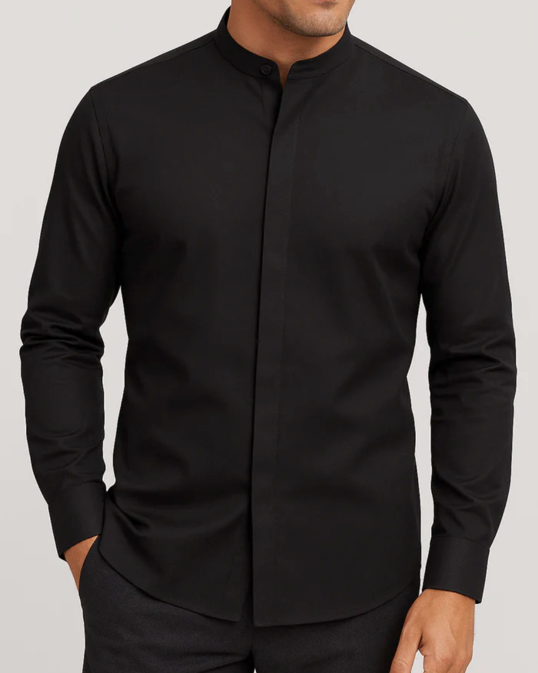 Camisa de manga comprida com gola mao e fecho oculto para homem®