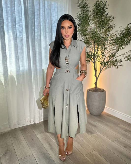 Vestido elegante sem mangas com botões decorativos®