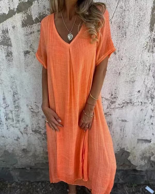 Vestido midi com decote em V em algodão e linho®