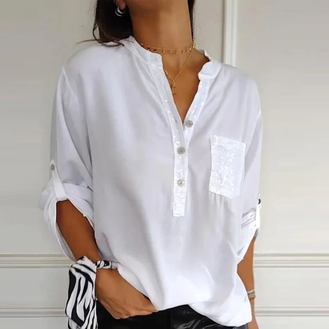 Camisa casual de manga comprida para mulher com bolso e pormenores de lantejoulas®