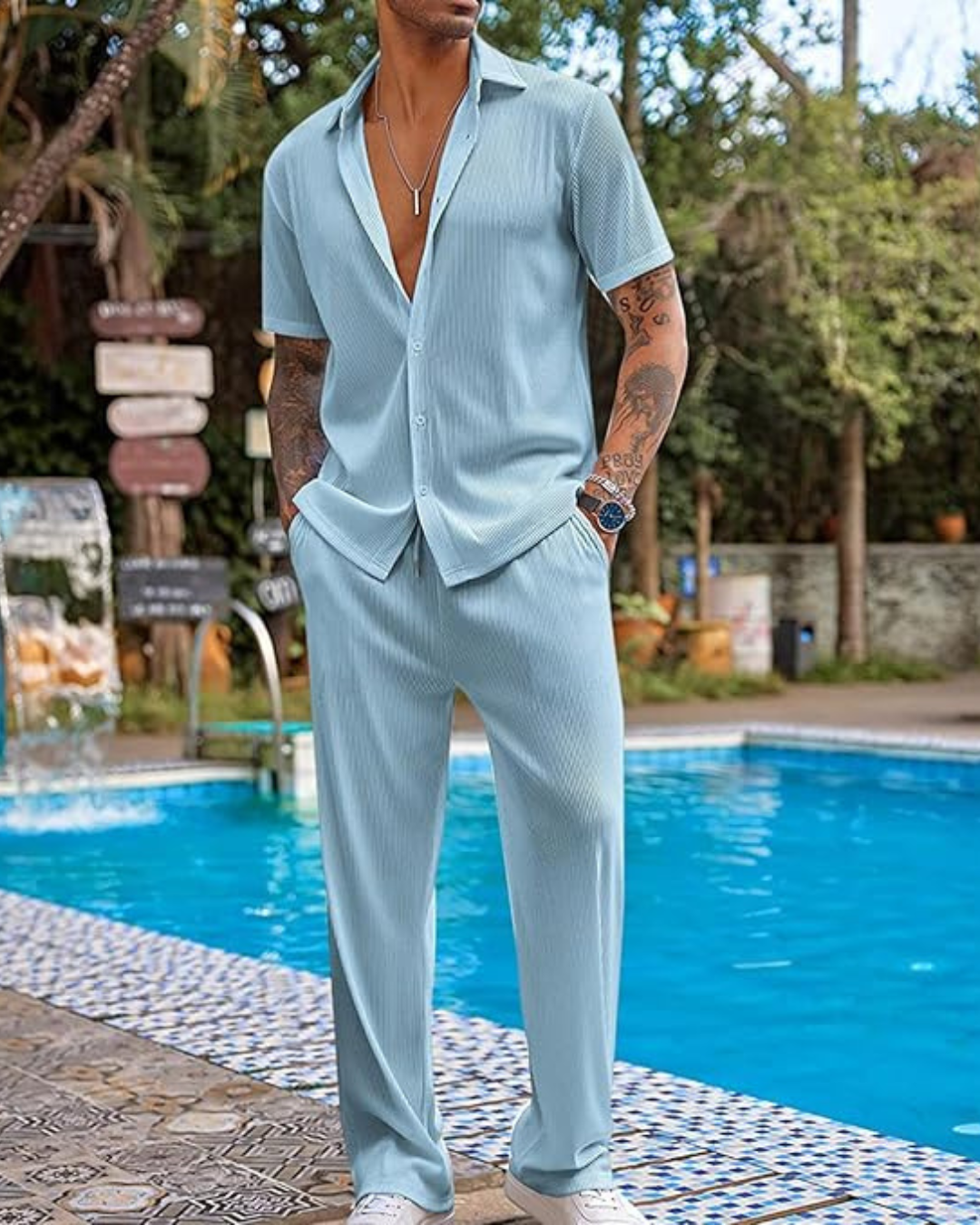 Conjunto casual de camisa de manga curta e calças para homem®