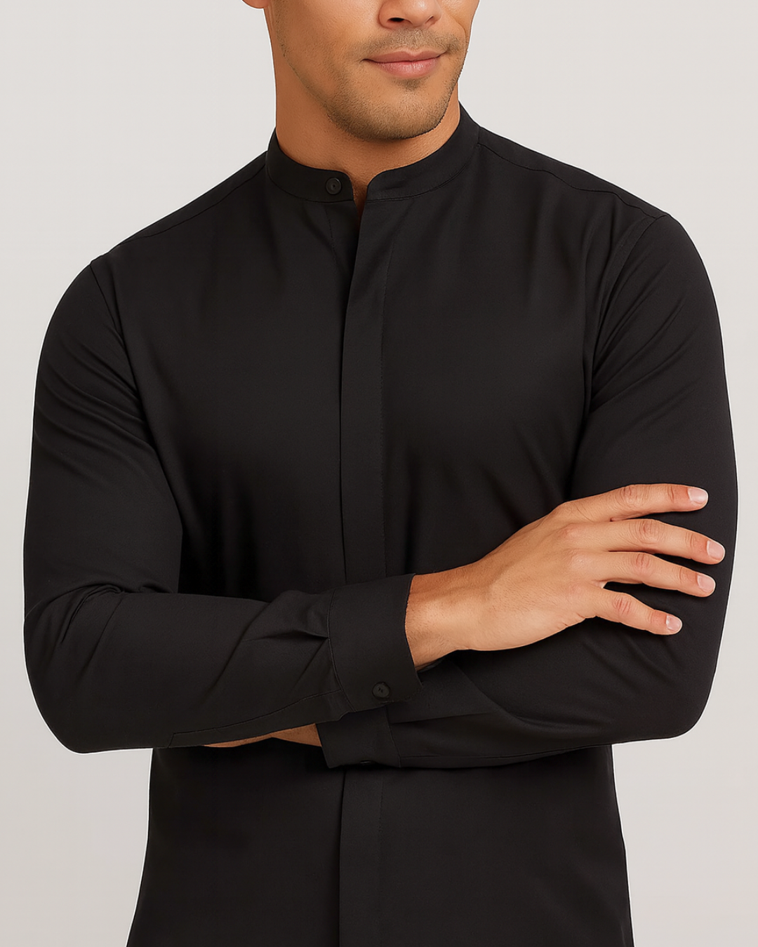 Camisa de manga comprida com gola mao e fecho oculto para homem®