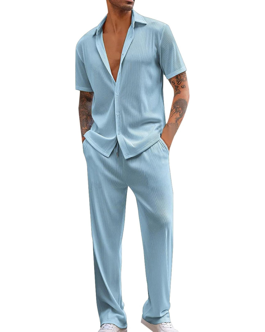 Conjunto casual de camisa de manga curta e calças para homem®