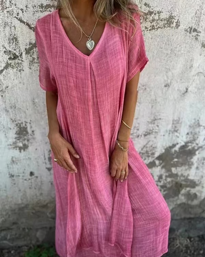 Vestido midi com decote em V em algodão e linho®