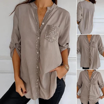 Camisa casual de manga comprida para mulher com bolso e pormenores de lantejoulas®