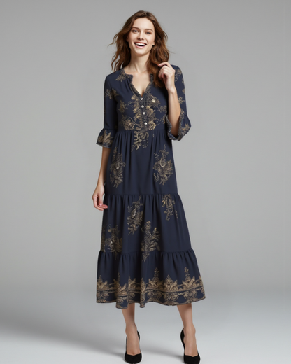 Vestido boémio com estampado dourado e decote em V®