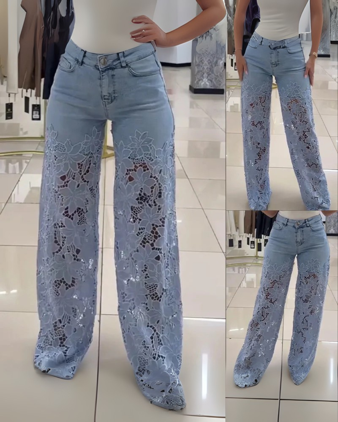 Calças de ganga para senhora com renda floral®