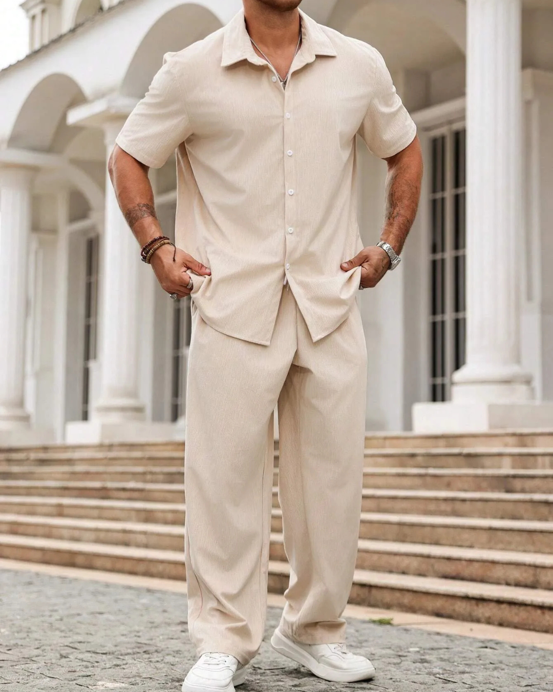 Conjunto casual de camisa de manga curta e calças para homem®