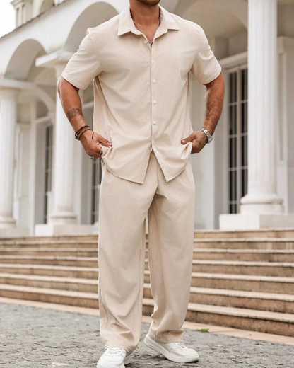 Conjunto casual de camisa de manga curta e calças para homem®