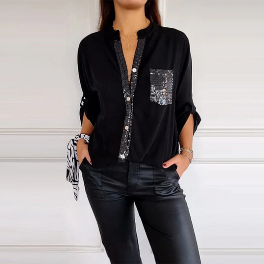 Camisa casual de manga comprida para mulher com bolso e pormenores de lantejoulas®