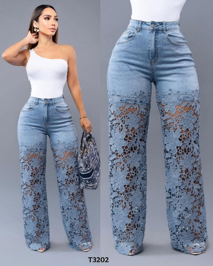 Calças de ganga para mulher com renda floral nas pernas®