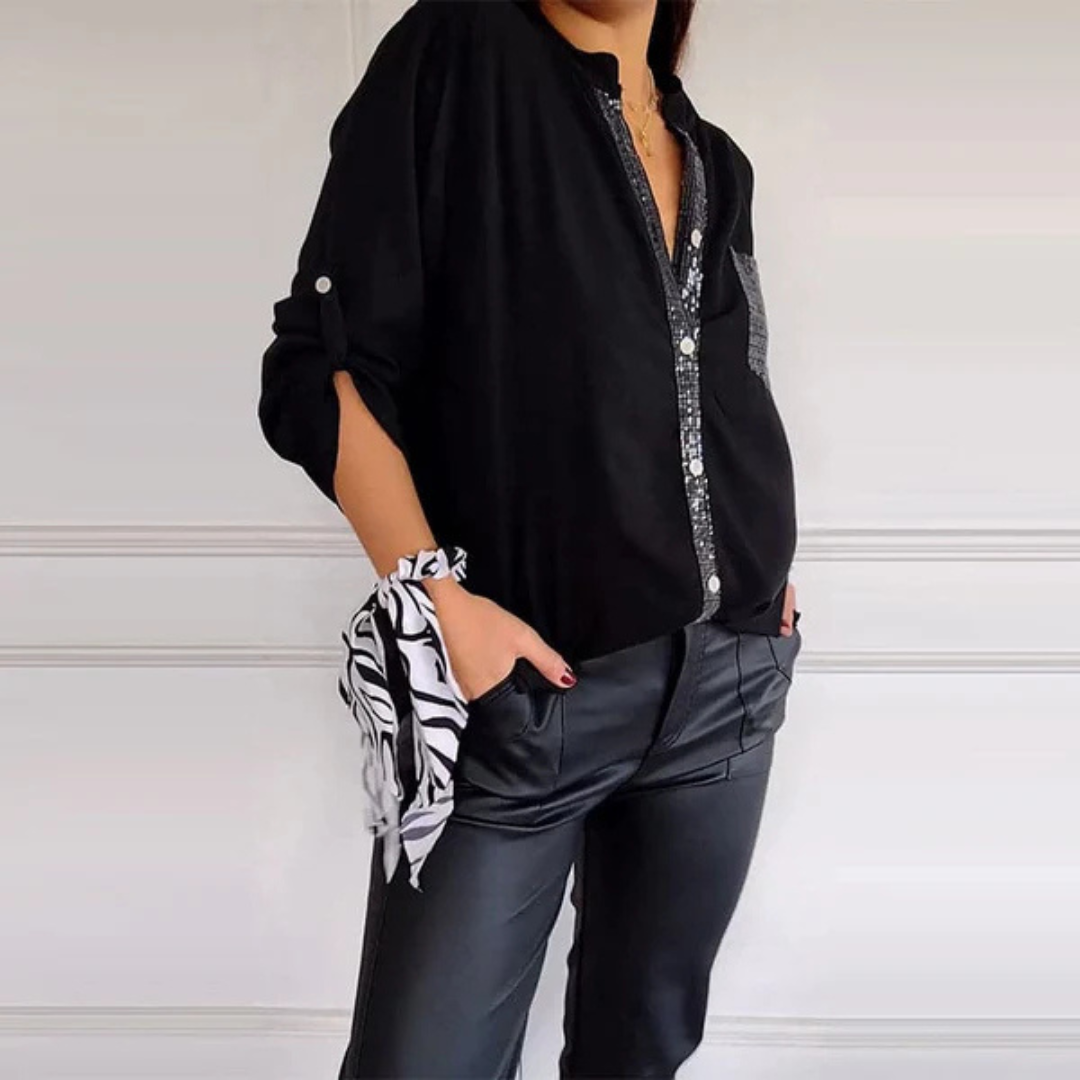 Camisa casual de manga comprida para mulher com bolso e pormenores de lantejoulas®