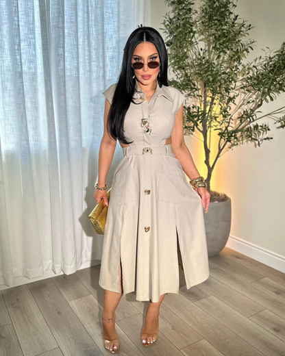 Vestido elegante sem mangas com botões decorativos®