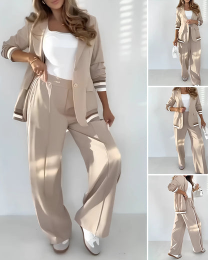 Conjunto elegante de blazer e calças palazzo em bege estilo sofisticado e moderno®